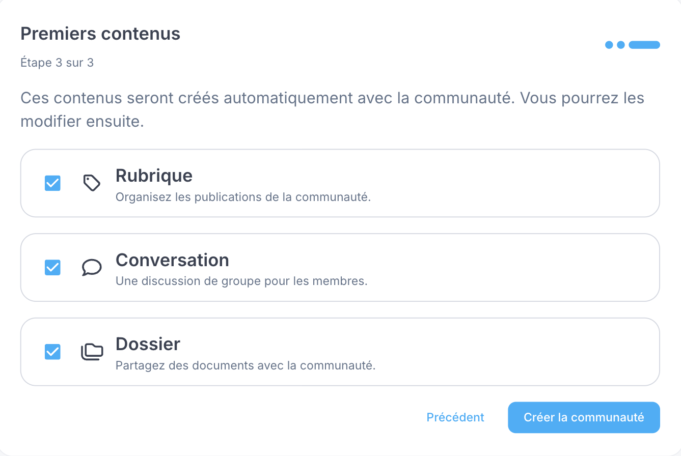 Étape 3 Premiers contenus : rubrique, conversation et dossier créés automatiquement avec la communauté