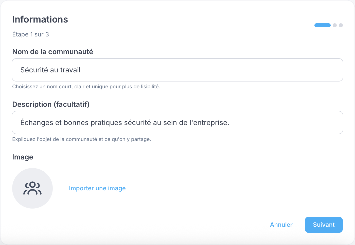 Étape 1 Informations : nom, description et image de la communauté